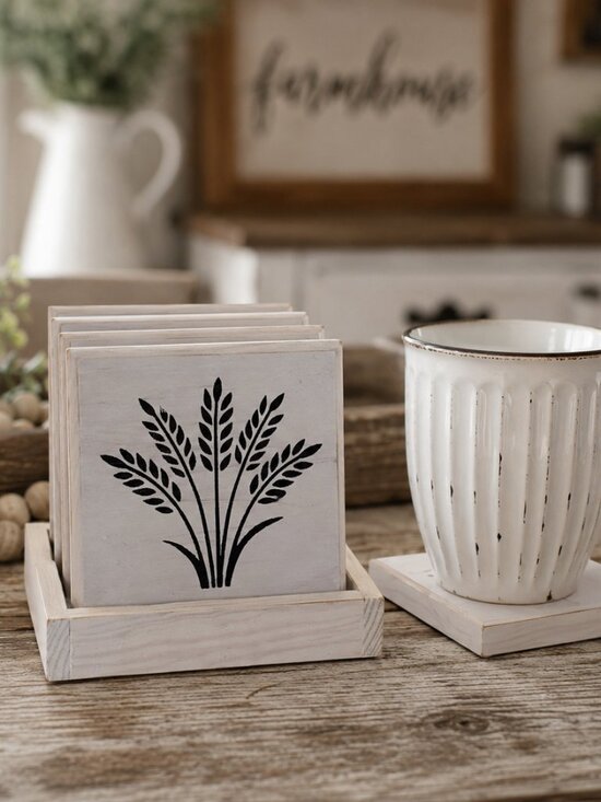 Silver Fox Woodcrafts Other - Set of 4 Farmhouse Rustic Wooden Coasters with Holder - 4.5" Bless This Home